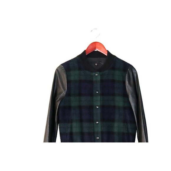 Joe's Jeans Women's Small Black Green Varsity Jacket Plaid Leather Moto Bomber - Picture 3 of 9